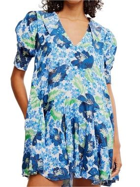 Free People Moon Chaser Mini Dress Blue Green Floral Babydoll Puff Sleeve V-Neck